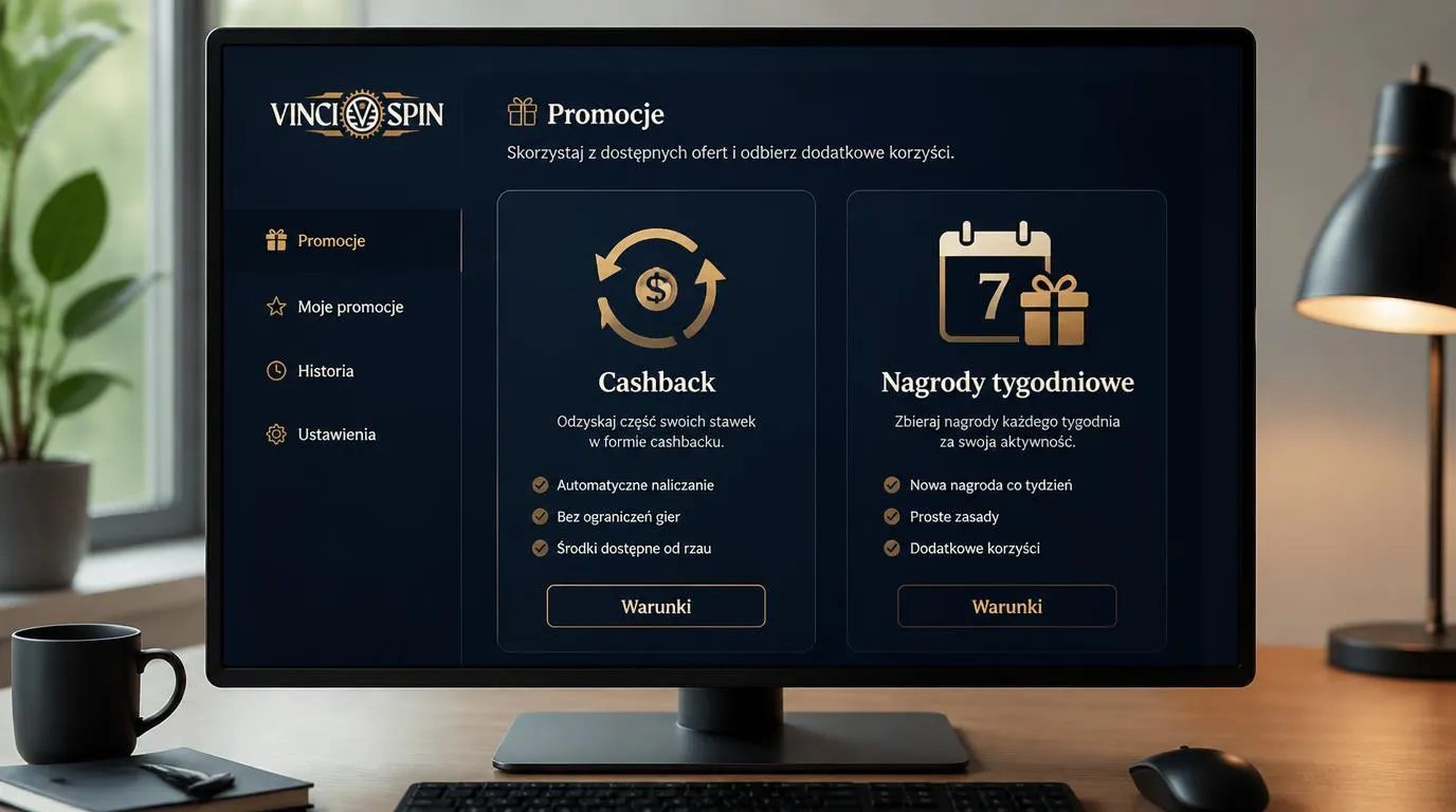 Panel promocji kasyna z kartą cashbacku, kalendarzem nagród tygodniowych i przyciskiem sprawdzania warunków